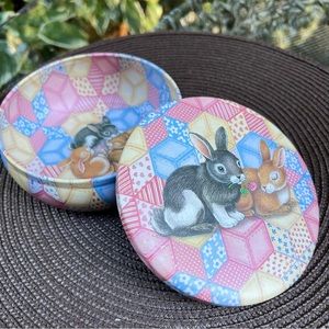 Bunny Rabbits Multi Colored Quilted Print Round Metal Tin with Lid